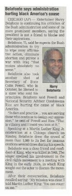 Belafonte, Harry / Belafonte Says Administration Hurting Black America&#39;s Cause | Newspaper Article | January 2003