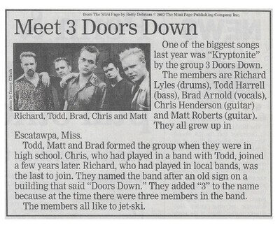 3 Doors Down / Meet 3 Doors Down | Newspaper Article | March 2002