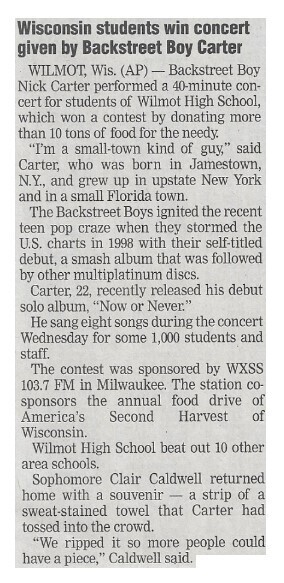 Carter, Nick / Wisconsin Students Win Concert Given by Backstreet Boy Carter | Newspaper Article | December 2002
