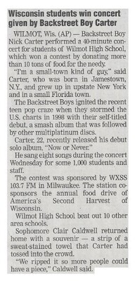 Carter, Nick / Wisconsin Students Win Concert Given by Backstreet Boy Carter | Newspaper Article | December 2002