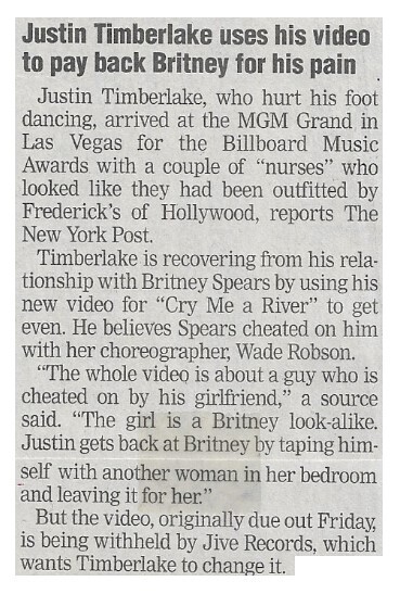 Timberlake, Justin / Uses His Video to Pay Back Britney for His Pain | Newspaper Article | December 2002