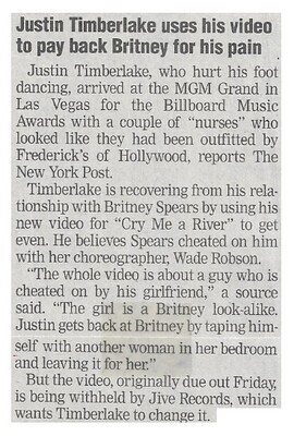 Timberlake, Justin / Uses His Video to Pay Back Britney for His Pain | Newspaper Article | December 2002