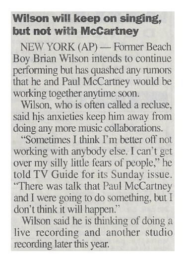 Wilson, Brian / Wilson Will Keep On Singing, But Not with McCartney | Newspaper Article | February 2000