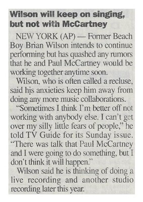 Wilson, Brian / Wilson Will Keep On Singing, But Not with McCartney | Newspaper Article | February 2000