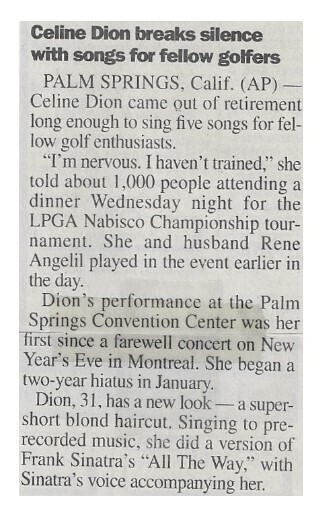 Dion, Celine / Celine Dion Breaks Silence with Songs for Fellow Golfers / March 2000