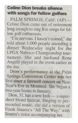 Dion, Celine / Celine Dion Breaks Silence with Songs for Fellow Golfers / March 2000