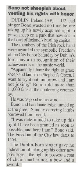 U2 / Bono Not Sheepish About Vesting His Rights with Honor | Newspaper Article | March 2000