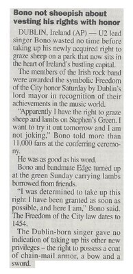 U2 / Bono Not Sheepish About Vesting His Rights with Honor | Newspaper Article | March 2000