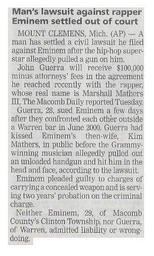 Eminem / Man&#39;s Lawsuit Against Rapper Eminem Settled Out of Court | Newspaper Article | April 2002