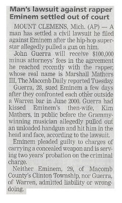 Eminem / Man&#39;s Lawsuit Against Rapper Eminem Settled Out of Court | Newspaper Article | April 2002