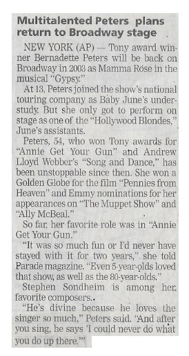 Peters, Bernadette / Multitalented Peters Plans Return to Broadway Stage | Newspaper Article | April 2002