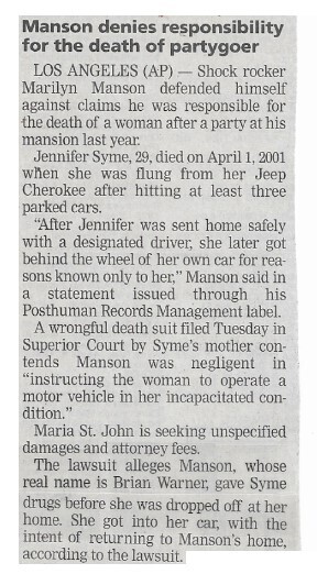 Marilyn Manson / Manson Denies Responsibility for the Death of Partygoer | Newspaper Article | April 2002