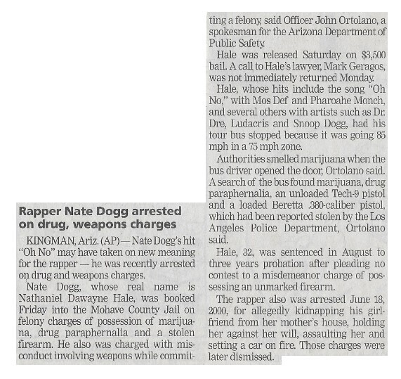 Nate Dogg / Rapper Nate Dogg Arrested On Drug, Weapons Charges | Newspaper Article | April 2002