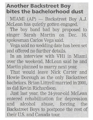 Backstreet Boys / Another Backstreet Boy Bites the Bachelorhood Dust | Newspaper Article | March 2002