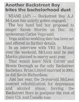 Backstreet Boys / Another Backstreet Boy Bites the Bachelorhood Dust | Newspaper Article | March 2002