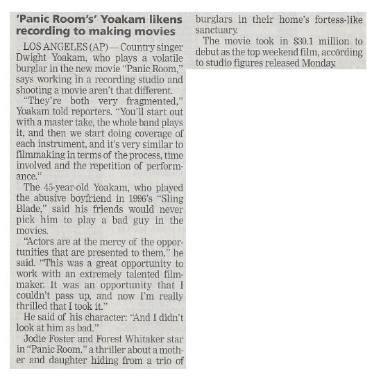Yoakam, Dwight / Panic Room&#39;s Yoakam&#39;s Likens Recording to Making Movies | Newspaper Article | April 2002