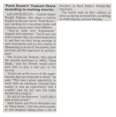 Yoakam, Dwight / Panic Room&#39;s Yoakam&#39;s Likens Recording to Making Movies | Newspaper Article | April 2002