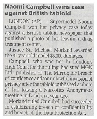 Campbell, Naomi / Wins Case Against British Tabloid | Newspaper Article | March 2002