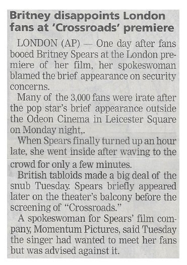 Spears, Britney / Britney Disappoints London Fans at Crossroads Premiere | Newspaper Article | March 2002