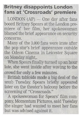 Spears, Britney / Britney Disappoints London Fans at Crossroads Premiere | Newspaper Article | March 2002