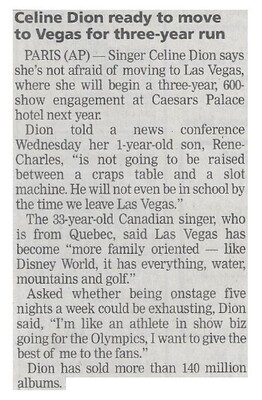 Dion, Celine / Ready to Move to Vegas for Three-Year Run | Newspaper Article | March 2002