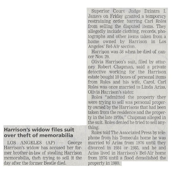 Harrison, George / Harrison's Widow Files Suit Over Theft of Memorabilia / 2002
