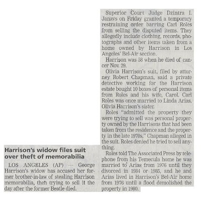 Harrison, George / Harrison's Widow Files Suit Over Theft of Memorabilia / 2002