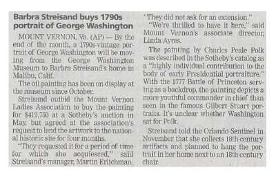 Streisand, Barbra / Barbra Streisand Buys 1790s Portrait of George Washington | Newspaper Article | January 2002