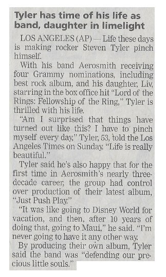 Aerosmith / Tyler Has Time of His Life As Band, Daughter in Limelight | Newspaper Article | January 2002