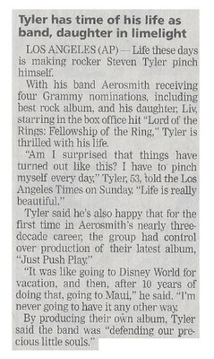 Aerosmith / Tyler Has Time of His Life As Band, Daughter in Limelight | Newspaper Article | January 2002