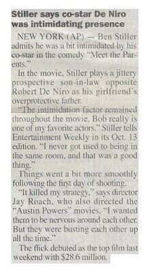 Stiller, Ben / Stiller Says Co-Star De Niro Was Intimidating Presence | October 2000