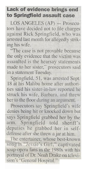 Springfield, Rick / Lack of Evidence Brings End to Springfield Assault Case | October 2000