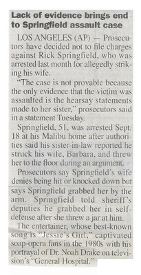 Springfield, Rick / Lack of Evidence Brings End to Springfield Assault Case | October 2000