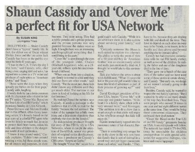 Cassidy, Shaun / Shaun Cassidy and &#39;Cover Me&#39; a Perfect Fit for USA Network | Newspaper Article | March 2000