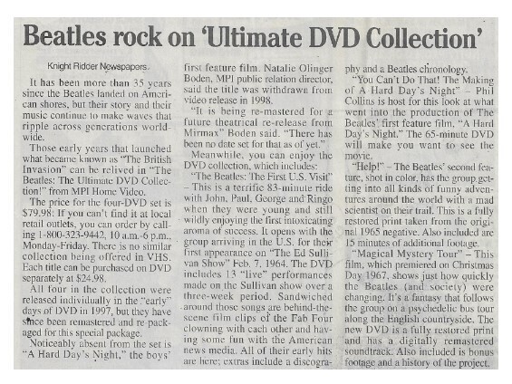 Beatles, The / Beatles Rock on &#39;Ultimate DVD Collection&#39; | Newspaper Article | 2000