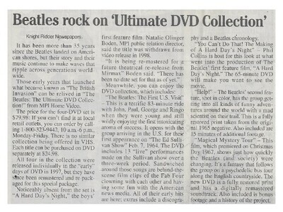 Beatles, The / Beatles Rock on &#39;Ultimate DVD Collection&#39; | Newspaper Article | 2000