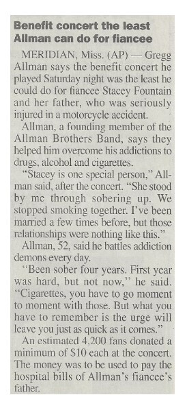 Allman, Gregg / Benefit Concert the Least Allman Can Do for Fiance | Newspaper Article | August 2000