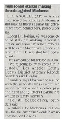 Madonna / Imprisoned Stalker Making Threats Against Madonna | February 2000