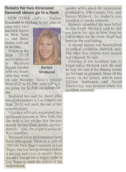 Streisand, Barbra / Tickets for Two Streisand Farewell Shows Go in a Flash | August 2000