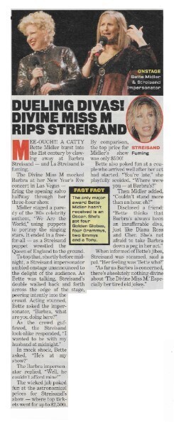 Midler, Bette / Dueling Divas! Divine Miss M Rips Streisand | Magazine Article | January 2000