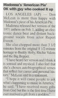 Madonna / Madonna's 'American Pie' OK with Guy Who Cooked it Up | February 2000
