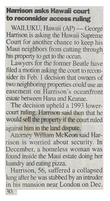 Harrison, George / Harrison Asks Hawaii Court to Reconsider Access Ruling | February 2000