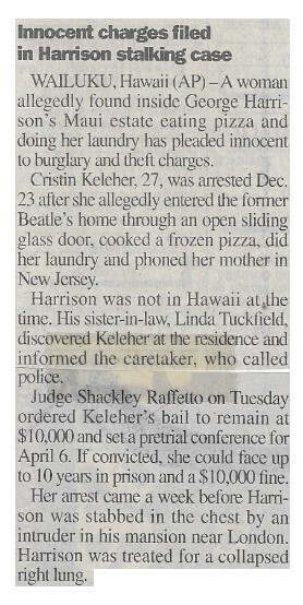 Harrison, George / Innocent Charges Filed in Harrison Stalking Case | January 2000