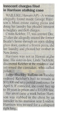 Harrison, George / Innocent Charges Filed in Harrison Stalking Case | January 2000