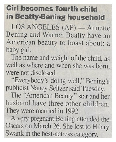 Bening, Annette / Girl Becomes Fourth Child in Beatty-Bening Household | January 2000