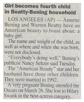 Bening, Annette / Girl Becomes Fourth Child in Beatty-Bening Household | January 2000
