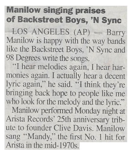 Manilow, Barry / Manilow Singing Praises of Backstreet Boys, &#39;N Sync | January 2000