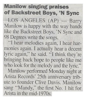 Manilow, Barry / Manilow Singing Praises of Backstreet Boys, &#39;N Sync | January 2000