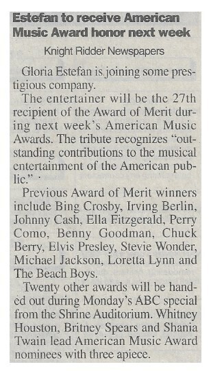 Estefan, Gloria / Estefan to Receive American Music Award Honor Next Week | January 2000