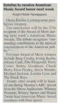 Estefan, Gloria / Estefan to Receive American Music Award Honor Next Week | January 2000
